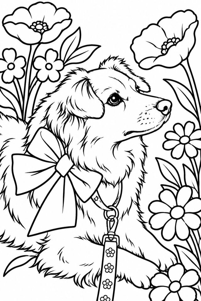 The same dog as a black-and-white coloring page with bold outlines